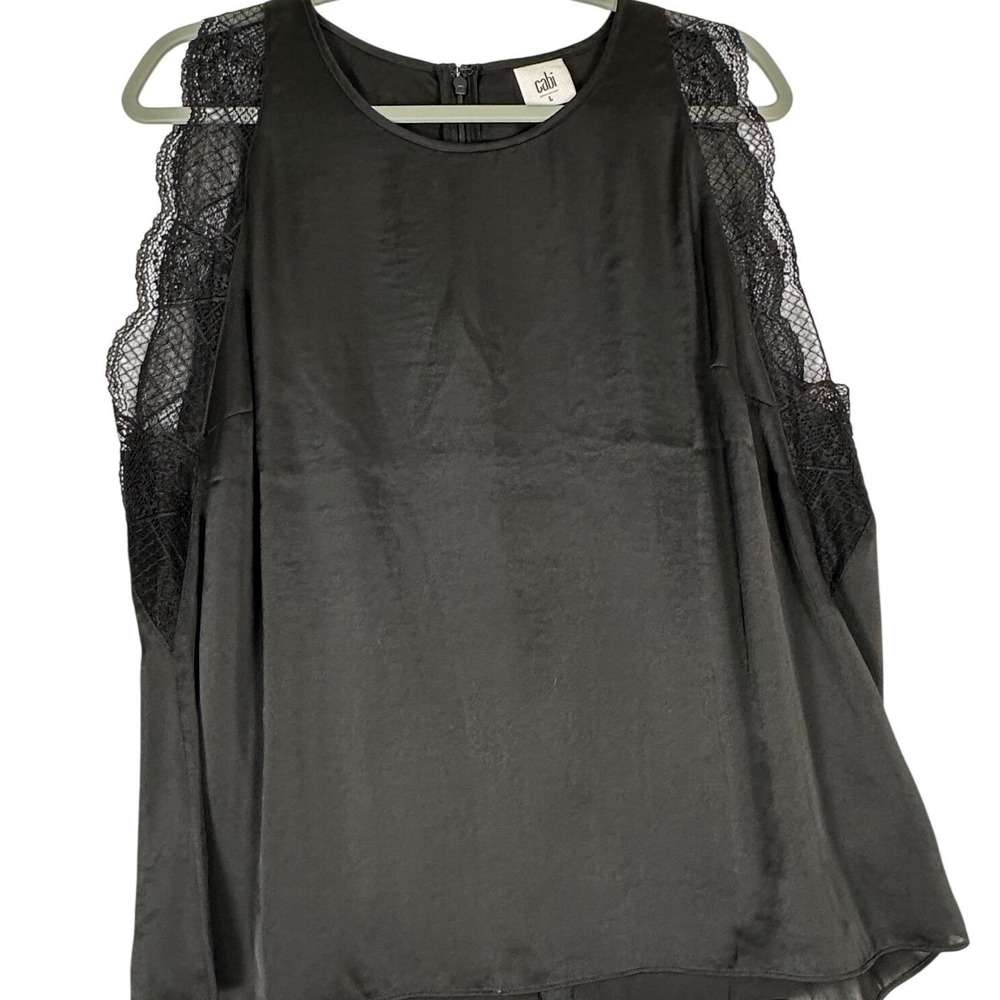 Cabi Black Satin Lace Blouse L Romantic Feminine Capsule Wardrobe Dark Academia - Picture 3 of 12
